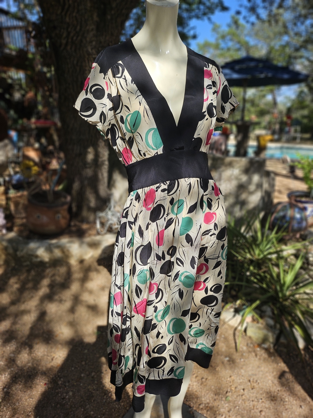 Corey Lynn Calter Black-Trim Printed V-Neck Silk Dress - Colorful Cherry Print 8